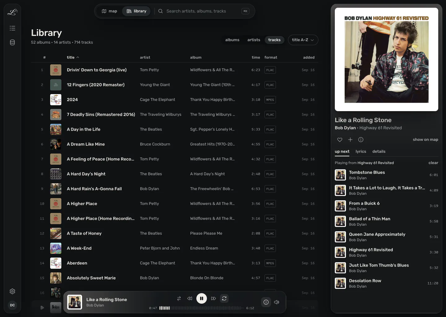 The library view as a track table with title, artist, album, length, format and date added, and the play queue open on the right.