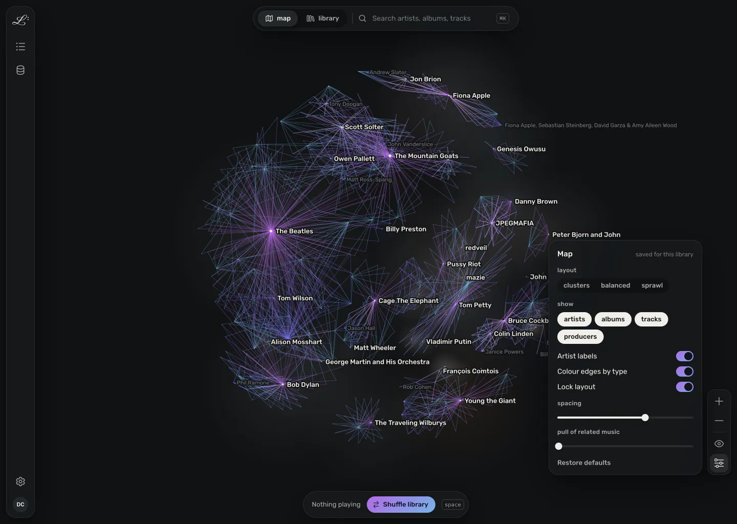 The map options panel open beside the map's zoom controls, with a layout preset, which node types to show, artist labels, edge colours by type, layout lock, spacing, and the pull of related music.