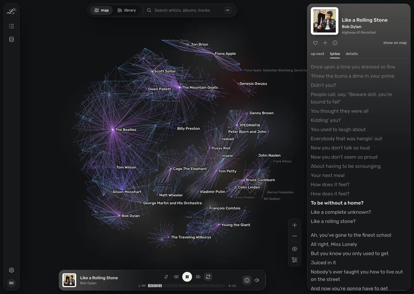 The now playing panel open beside the map, showing the current track with its lyrics, the current line highlighted.
