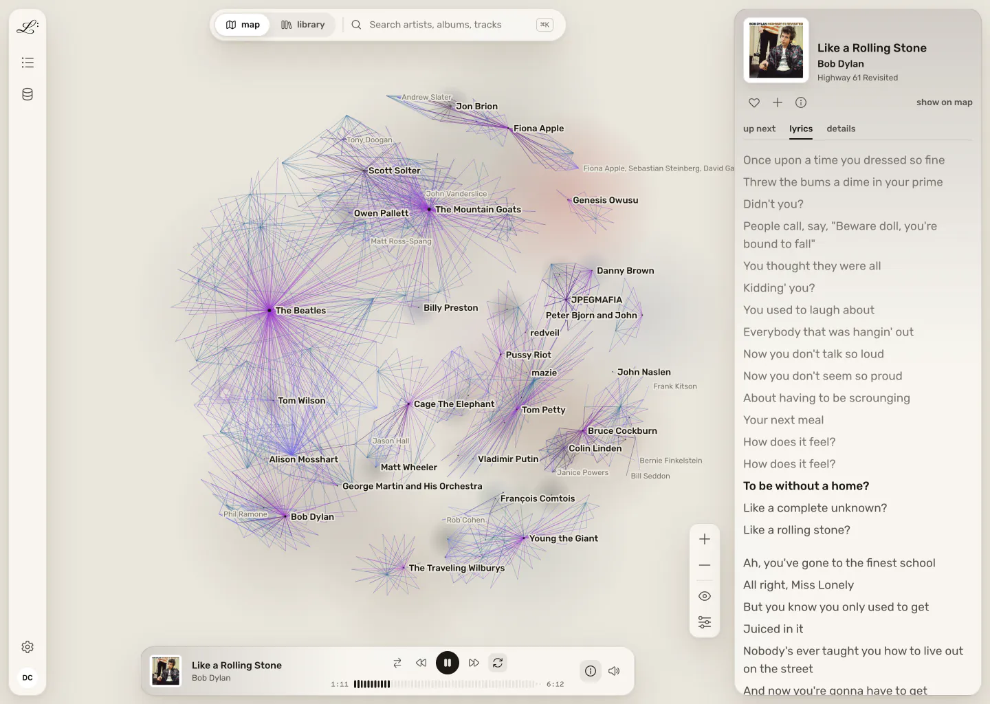 The now playing panel open beside the map, showing the current track with its lyrics, the current line highlighted.
