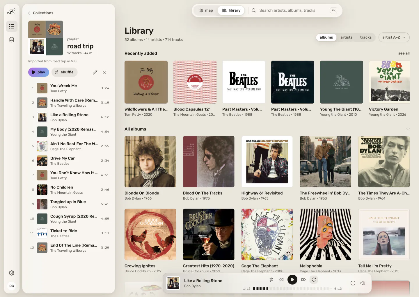 A playlist called road trip, imported from an m3u8 file, open beside the library with its tracks in order.