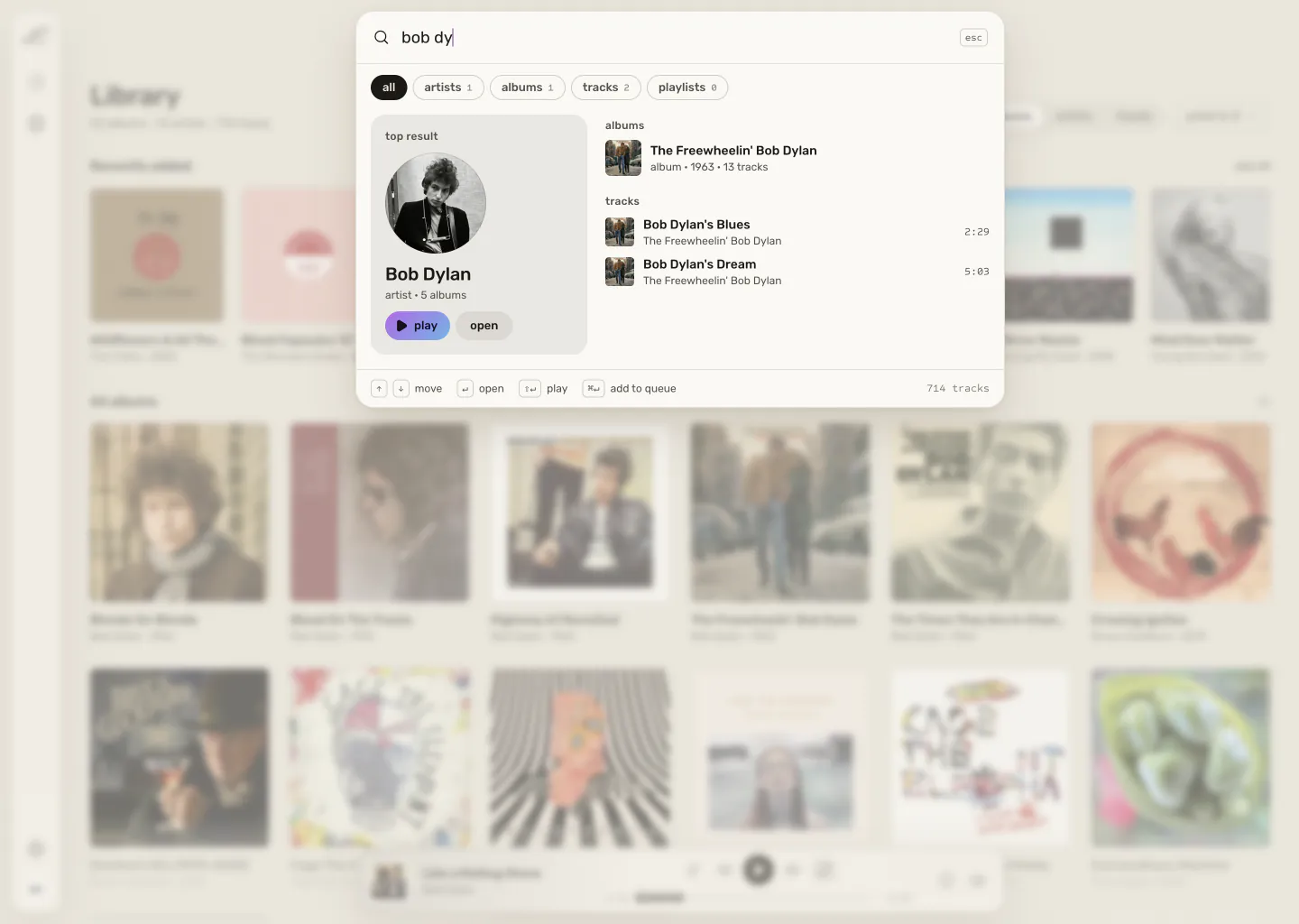 Search open over the library with a partial query. Bob Dylan is the top result, followed by a matching album and tracks.